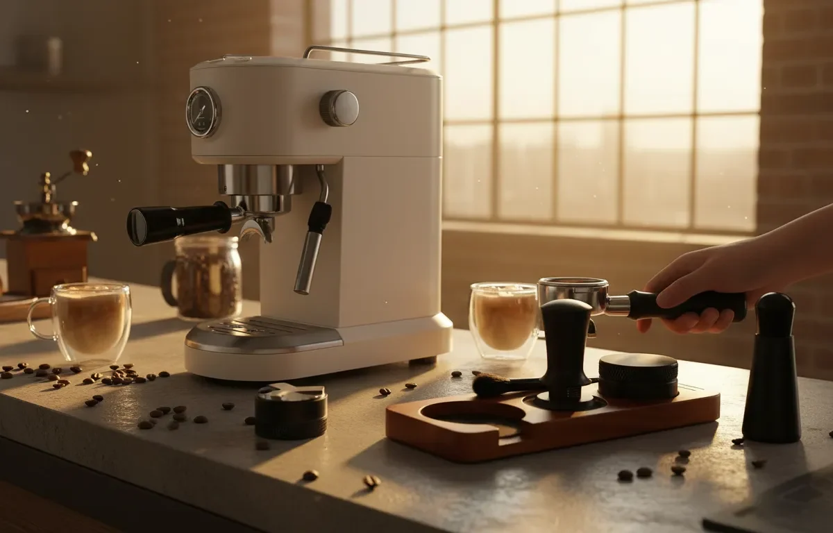 Acessórios de expresso WDT em base de madeira ao lado de máquina branca sob luz solar quente.