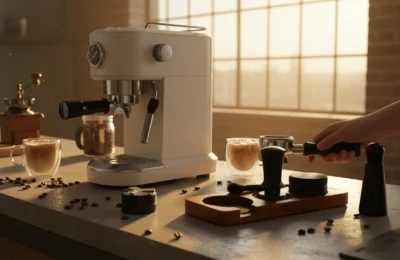 Acessórios de expresso WDT em base de madeira ao lado de máquina branca sob luz solar quente.