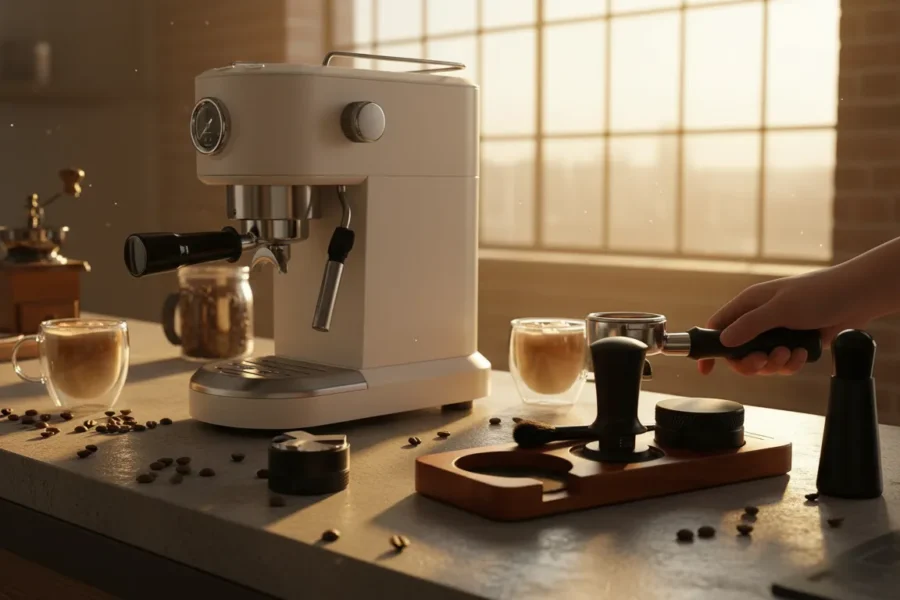 Acessórios de expresso WDT em base de madeira ao lado de máquina branca sob luz solar quente.