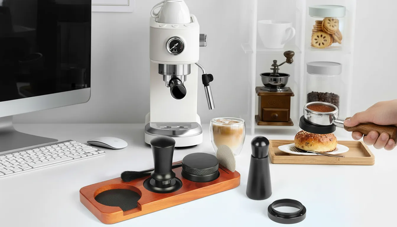 Acessórios de café expresso Mytdkxin dispostos em base de madeira ao lado de máquina de café branca e computador.
