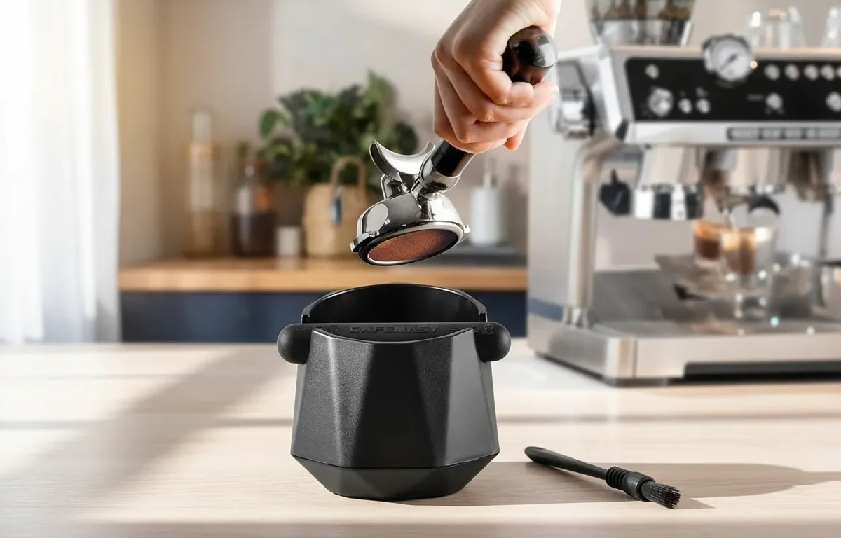 Mão segurando porta-filtro sobre um bate-borras preto geométrico CAFEMASY em balcão de madeira claro.
