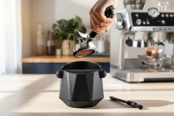 Mão segurando porta-filtro sobre um bate-borras preto geométrico CAFEMASY em balcão de madeira claro.