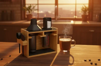 Organizador de bambu HEXNUB para AeroPress ao lado de uma caneca de café fumegante sob a luz do entardecer.