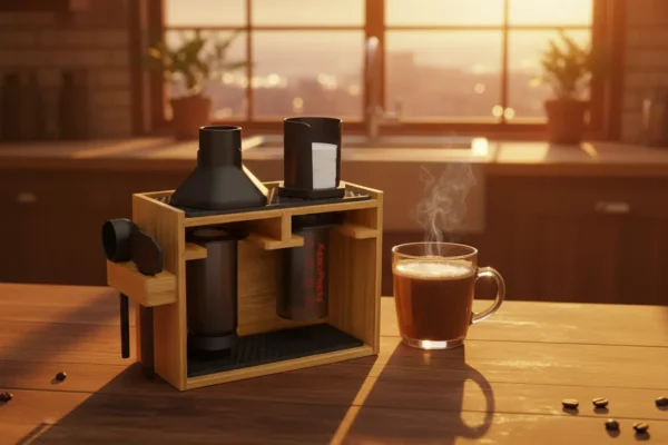 Organizador de bambu HEXNUB para AeroPress ao lado de uma caneca de café fumegante sob a luz do entardecer.
