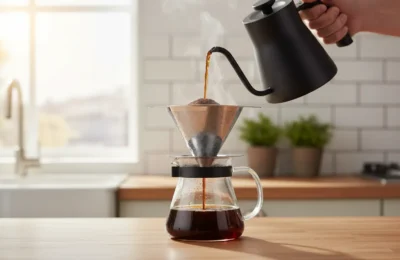 Filtro de inox HAPYHOOM passando café em uma jarra de vidro com bule de bico de ganso.