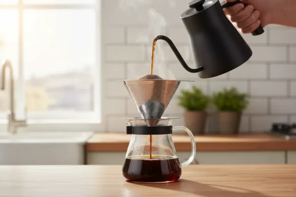 Filtro de inox HAPYHOOM passando café em uma jarra de vidro com bule de bico de ganso.