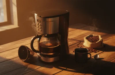 Cafeteira Electrolux ECM30 em mesa de madeira com café fumegante sob a luz quente da manhã.