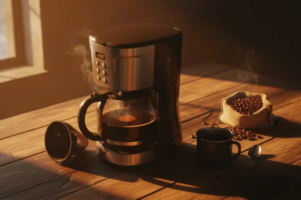 Cafeteira Electrolux ECM30 em mesa de madeira com café fumegante sob a luz quente da manhã.