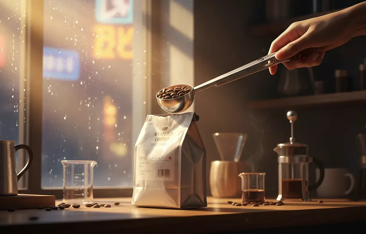 Colher de café iCoffee de aço inoxidável prateada, com cabo longo e função de grampo, em fundo branco.