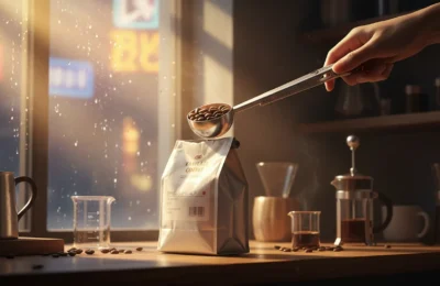 Colher de café iCoffee de aço inoxidável prateada, com cabo longo e função de grampo, em fundo branco.
