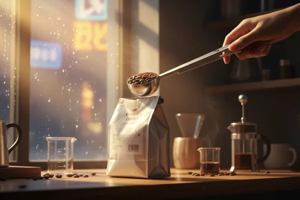 Colher de café iCoffee de aço inoxidável prateada, com cabo longo e função de grampo, em fundo branco.