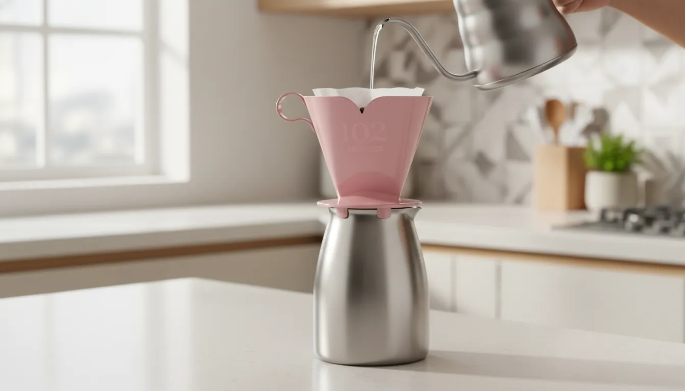 Um fluxo de água é despejado de uma chaleira de bico de ganso em aço inoxidável para um coador de café rosa pastel posicionado sobre uma jarra metálica, em uma cozinha clara e minimalista.