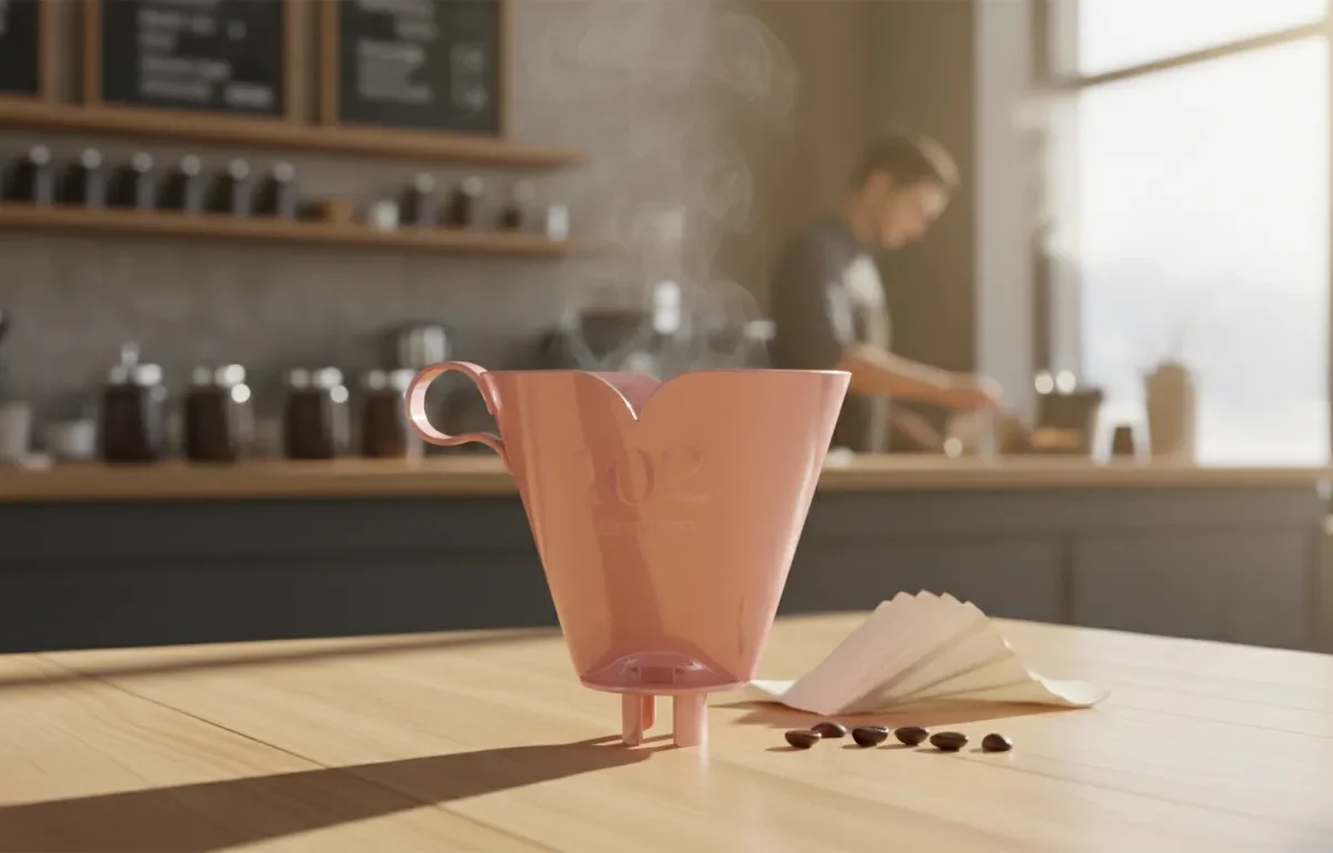 Coador de café rosa sobre uma mesa de madeira com vapor subindo, filtros de papel e grãos de café, em uma cafeteria aconchegante com um barista desfocado ao fundo.