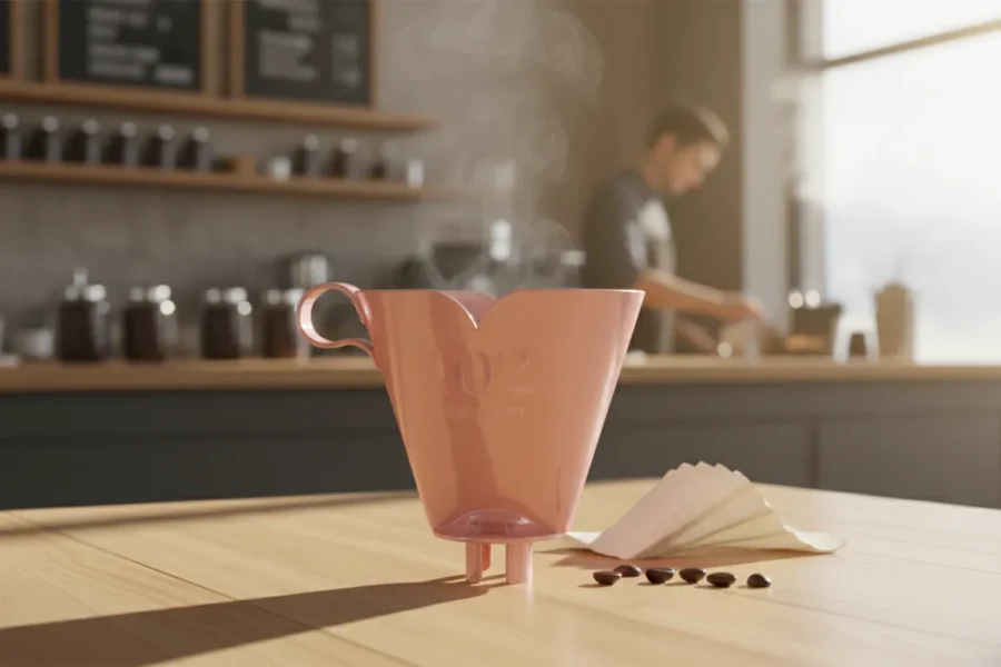 Coador de café rosa sobre uma mesa de madeira com vapor subindo, filtros de papel e grãos de café, em uma cafeteria aconchegante com um barista desfocado ao fundo.