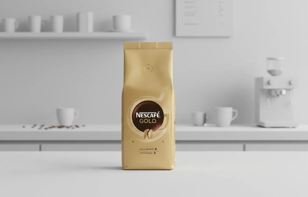 Embalagem metálica dourada de café Nescafé Gold em destaque sobre uma superfície branca. O fundo mostra uma cozinha minimalista branca e desfocada, com canecas e uma máquina de café, criando uma atmosfera limpa e moderna.