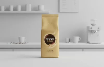 Embalagem metálica dourada de café Nescafé Gold em destaque sobre uma superfície branca. O fundo mostra uma cozinha minimalista branca e desfocada, com canecas e uma máquina de café, criando uma atmosfera limpa e moderna.