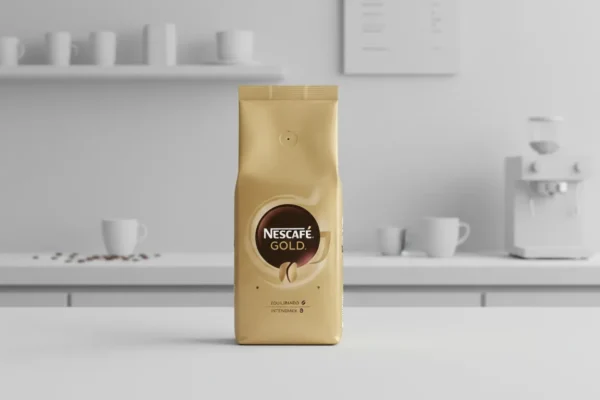 Embalagem metálica dourada de café Nescafé Gold em destaque sobre uma superfície branca. O fundo mostra uma cozinha minimalista branca e desfocada, com canecas e uma máquina de café, criando uma atmosfera limpa e moderna.