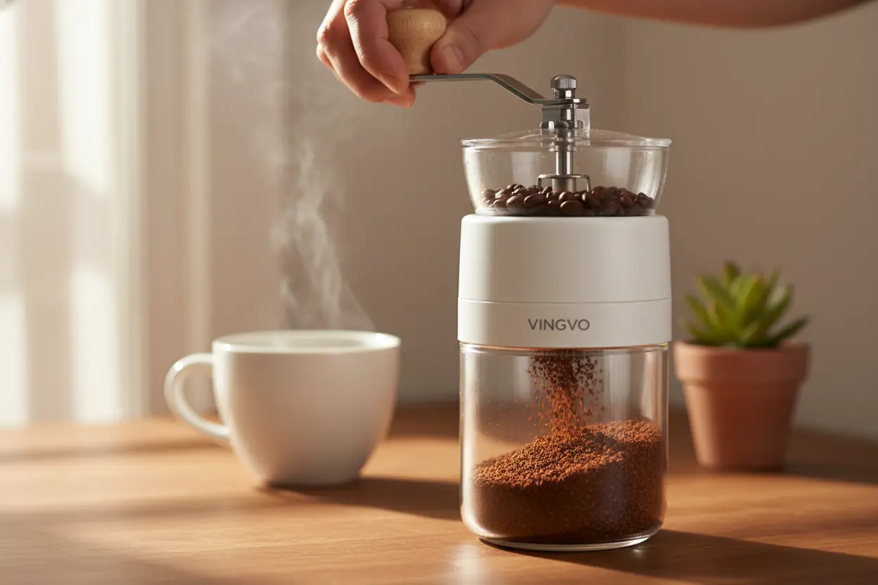 Mão moendo café em moedor manual de cerâmica VINGVO, com café moído e xícara ao fundo.