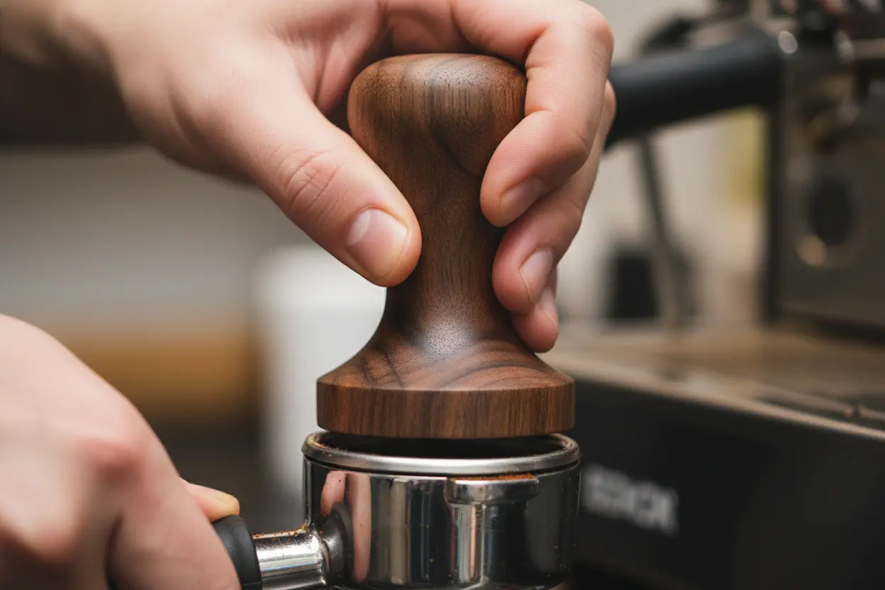 Compactador de café em madeira de nogueira em uso