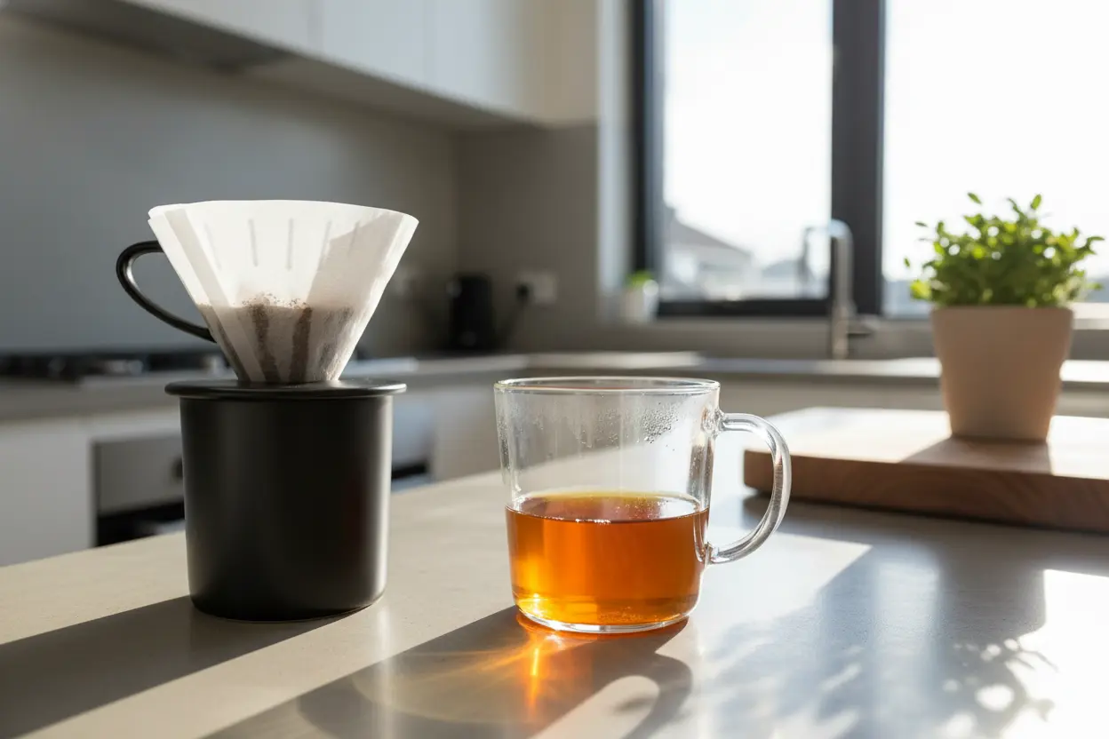 Xícara de café coado puro e filtro de papel branco Melitta