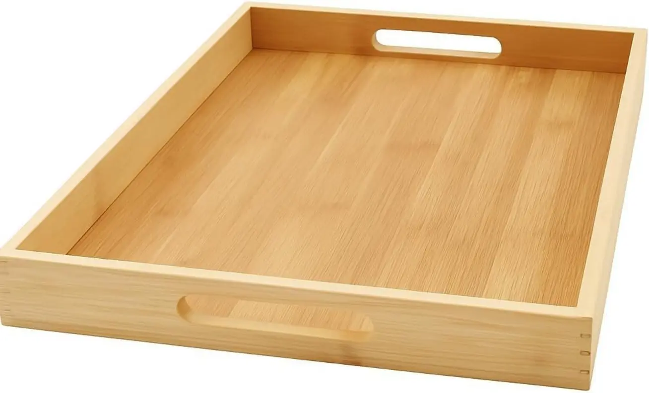 Bandeja retangular marrom de MDF e bambu com alças