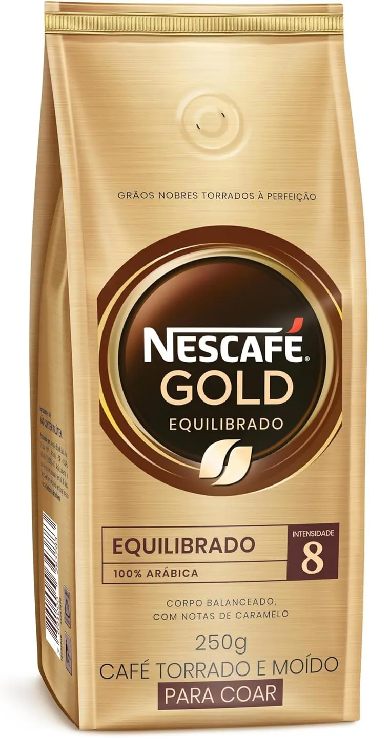 Xícara de café e embalagem de Café Torrado e Moído NESCAFÉ Gold Equilibrado 250g.