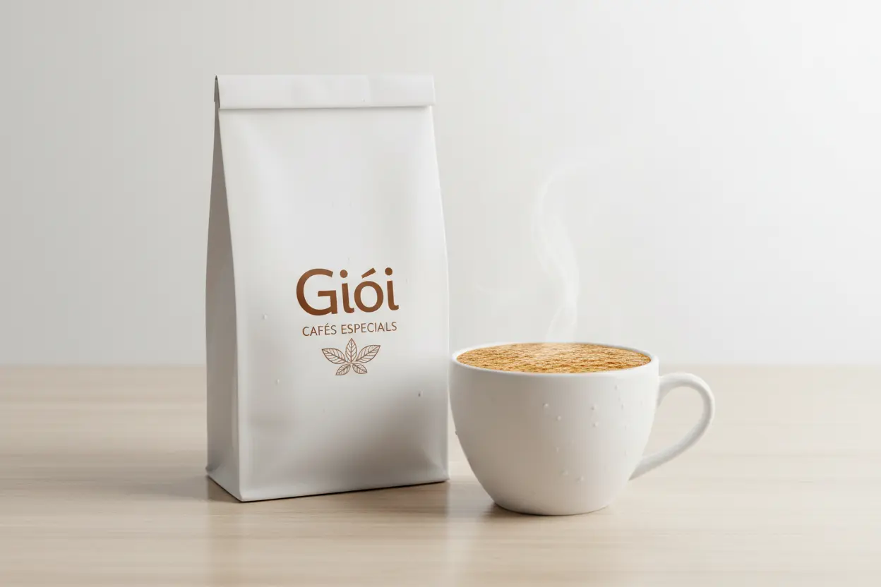 Xícara de café com crema ao lado da embalagem Giói Café Especial.