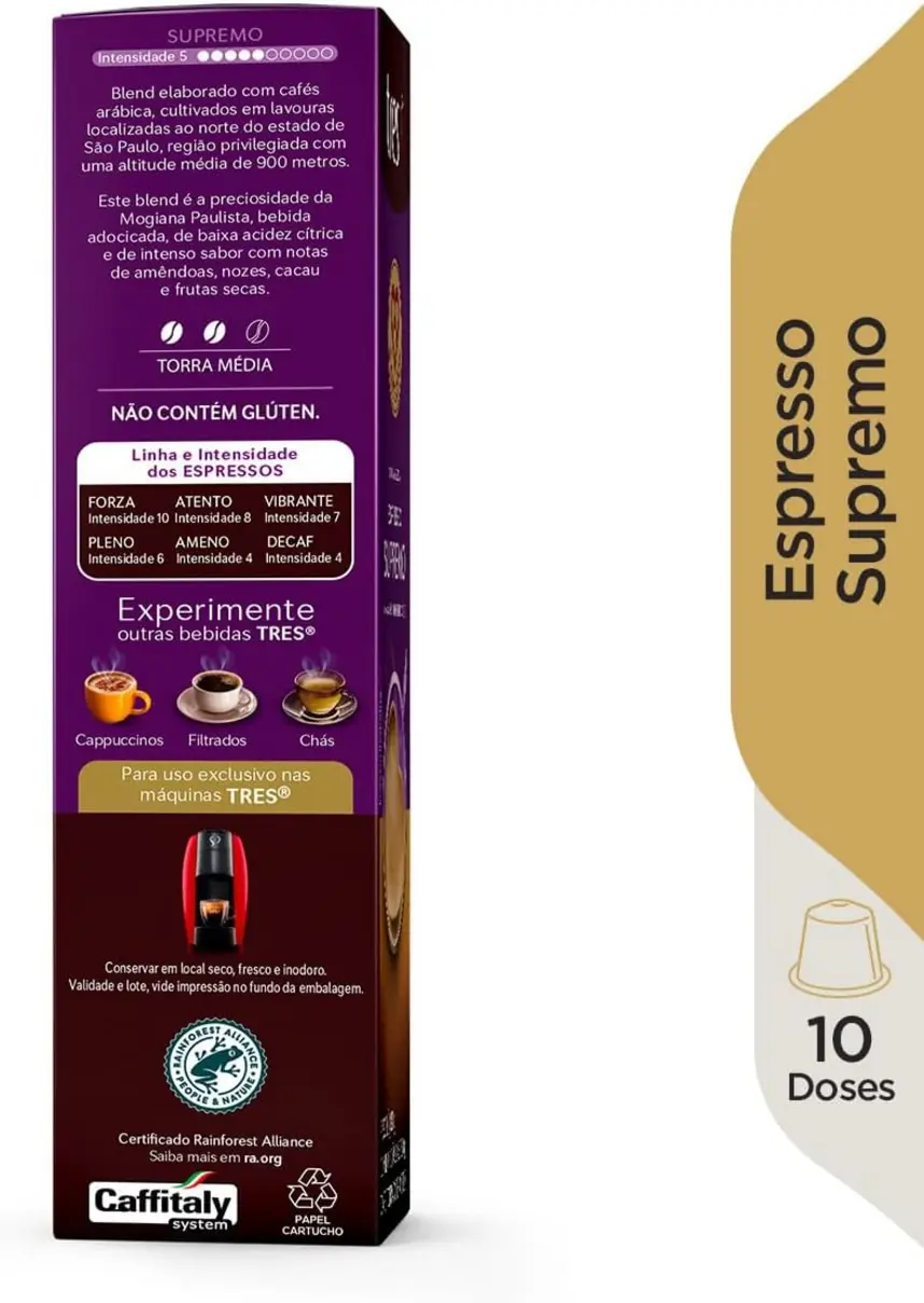 Cápsula 3 Corações Supremo TRES sendo inserida em uma máquina de café espresso