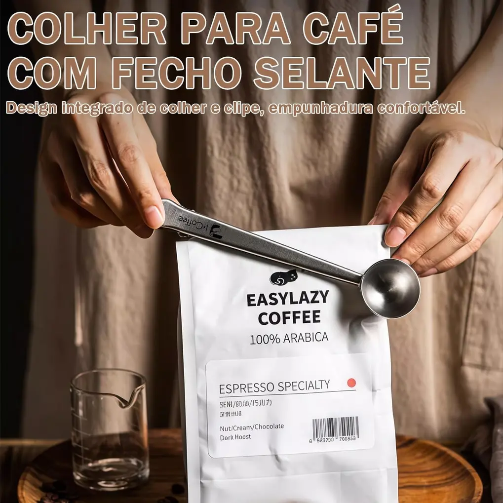Detalhe do grampo de vedação da colher iCoffee em aço inoxidável