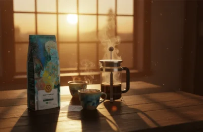 Café Portinari ao lado de prensa francesa e xícaras fumegantes sob a luz dourada do entardecer.