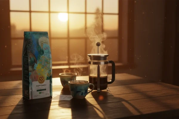 3 Corações Portinari é bom? O Segredo do Aroma Perfeito 5 Café Portinari ao lado de prensa francesa e xícaras fumegantes sob a luz dourada do entardecer.