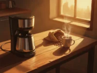 Cafeteira Electrolux ECM22 de inox em mesa de madeira iluminada pelo sol, ao lado de xícara de café fumegante.