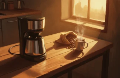 Cafeteira Electrolux ECM22 de inox em mesa de madeira iluminada pelo sol, ao lado de xícara de café fumegante.