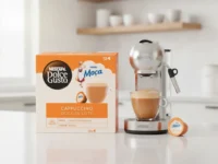 Caixa de Dolce Gusto Cappuccino Doce de Leite ao lado de cafeteira prata e xícara de café cremoso.