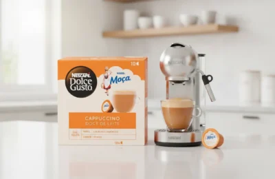 Caixa de Dolce Gusto Cappuccino Doce de Leite ao lado de cafeteira prata e xícara de café cremoso.