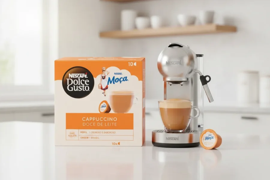 Caixa de Dolce Gusto Cappuccino Doce de Leite ao lado de cafeteira prata e xícara de café cremoso.