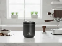 Batedor de borra iCoffee preto em bancada de mármore com máquina de café expresso e grãos ao fundo.