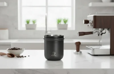 Batedor de borra iCoffee preto em bancada de mármore com máquina de café expresso e grãos ao fundo.
