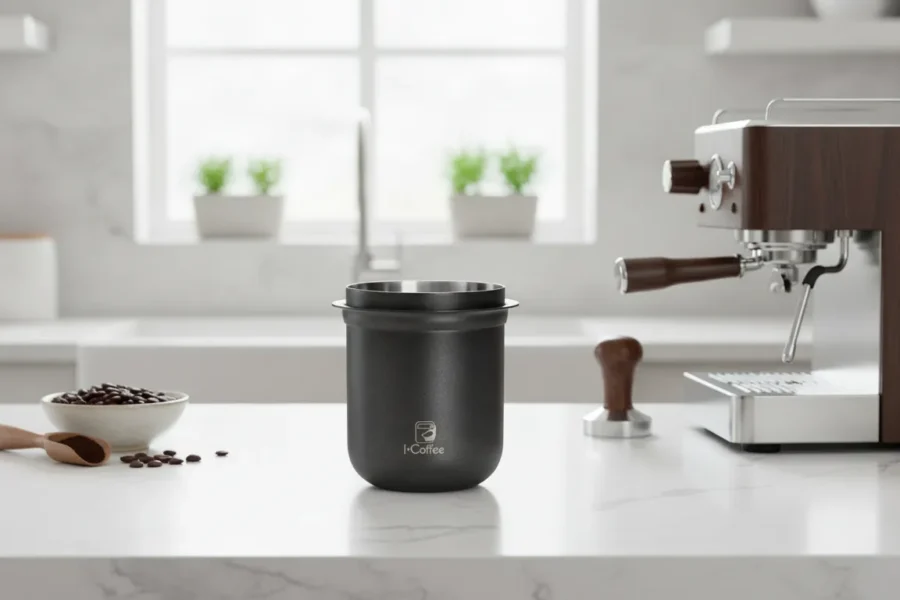 Batedor de borra iCoffee preto em bancada de mármore com máquina de café expresso e grãos ao fundo.