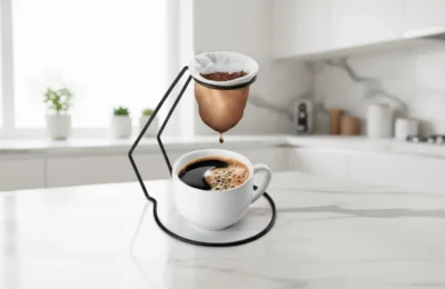 Coador de café individual de metal preto gotejando café fresco em uma xícara branca sobre mesa de mármore.