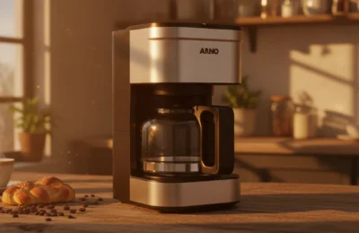 Cafeteira Arno em inox sobre mesa de madeira, iluminada pela luz dourada do sol da manhã.