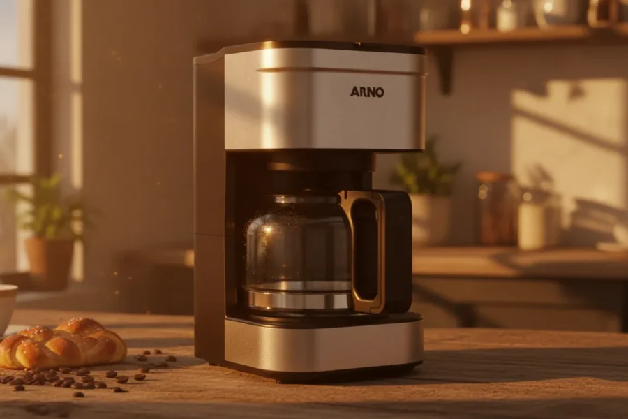 Cafeteira Arno em inox sobre mesa de madeira, iluminada pela luz dourada do sol da manhã.