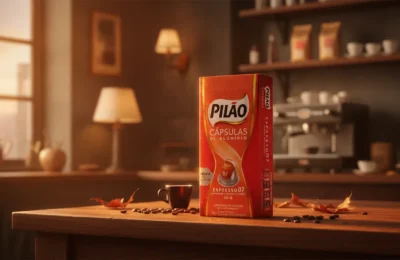 Caixa de Café Pilão Cápsula Tradicional sobre mesa de madeira sob luz calorosa de outono.