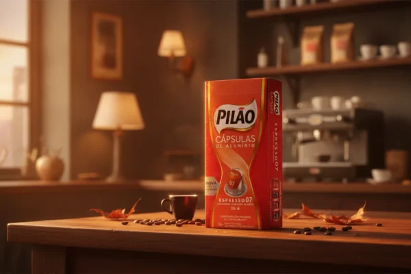 Caixa de Café Pilão Cápsula Tradicional sobre mesa de madeira sob luz calorosa de outono.