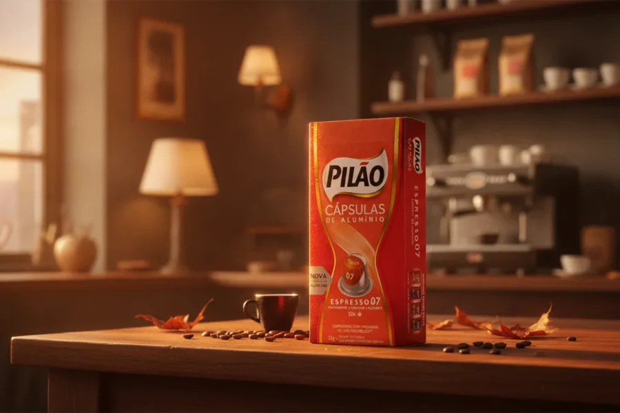 Caixa de Café Pilão Cápsula Tradicional sobre mesa de madeira sob luz calorosa de outono.