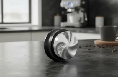 Distribuidor de café metálico em espiral sobre bancada escura com fundo de cafeteria desfocado.