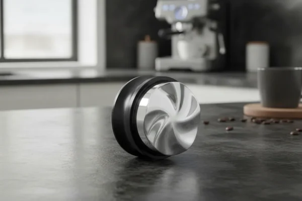 Distribuidor de café metálico em espiral sobre bancada escura com fundo de cafeteria desfocado.