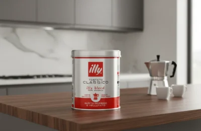 Lata de café Illy Clássico sobre bancada de madeira com cafeteira moka ao fundo.