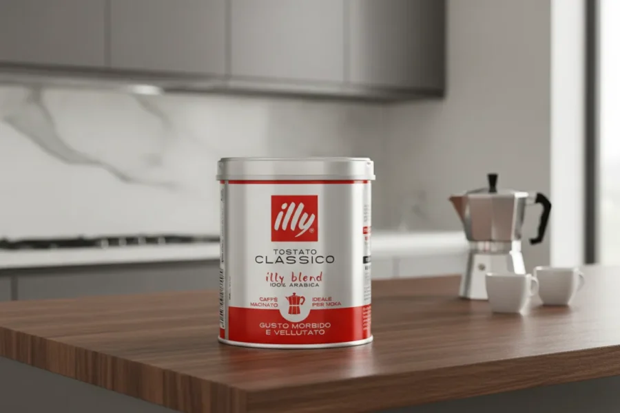 Lata de café Illy Clássico sobre bancada de madeira com cafeteira moka ao fundo.
