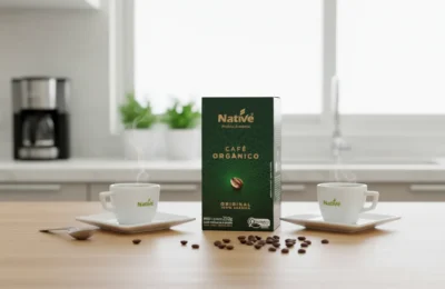 Embalagem de Café Orgânico Native 250g entre duas xícaras fumegantes e grãos espalhados sobre mesa de madeira.